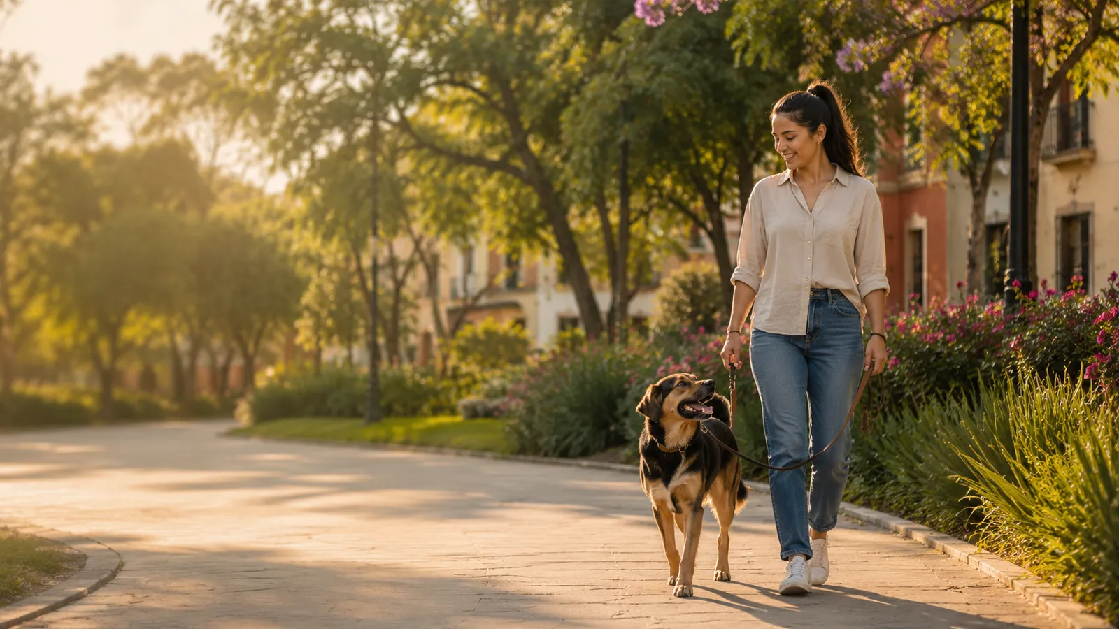 Persona caminando con su perro en un parque urbano al atardecer.